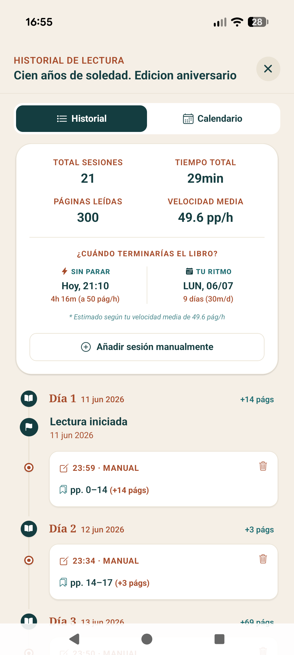 Historial detallado de sesiones de lectura